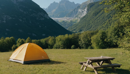 Camping in the mountains. Camping in the mountains. Beautiful summer landscape.の素材