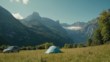 Camping in the Dolomites, Italy. Panoramic view.の素材