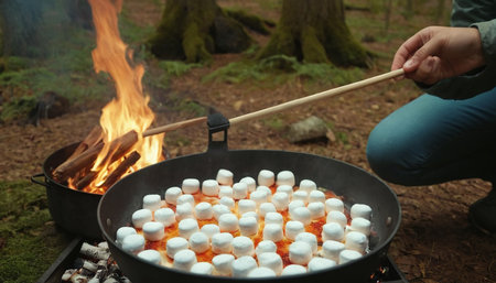 Cooking marshmallows on bonfire in forest, closeupの素材
