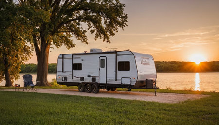 Camping trailer on the lake shore at sunset. Holidays in motor home.の素材