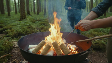 Cooking sausages on a campfire in the forest.の素材