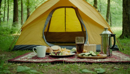 Tent and breakfast in the forest. Camping in nature.の素材