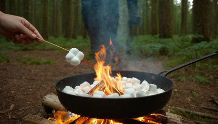 Cooking marshmallows on a campfire in the forest.の素材