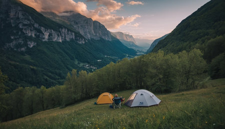 Camping in the mountains with a backpack and tent. Beautiful summer landscape.の素材
