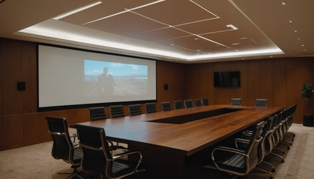 Interior of a modern conference room with meeting table and chairs.の素材