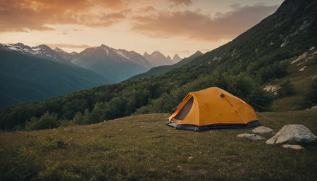 Camping in the mountains at sunset. Beautiful landscape with a tent.の素材
