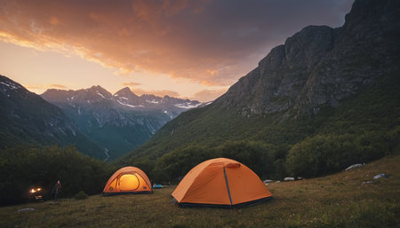 Camping in the mountains at sunset. Beautiful summer landscape with camping tents.の素材