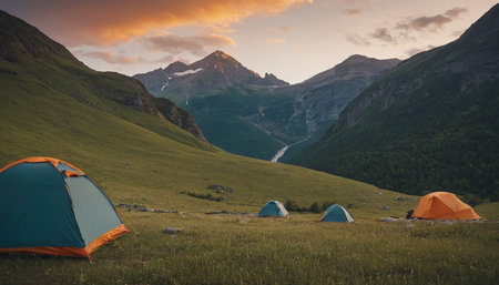 Camping in the mountains at sunset. Beautiful summer landscape with colorful tentsの素材
