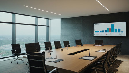 Conference room interior with panoramic city view. 3D Renderingの素材