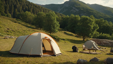 Camping in the mountains on a sunny summer day. The tent stands on the grass.の素材