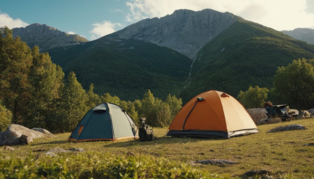 Camping in mountains. Camping in the mountains in the summer.の素材