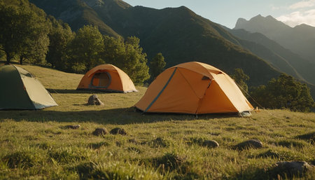 Camping in the mountains. Camping in the mountains on the grass.の素材