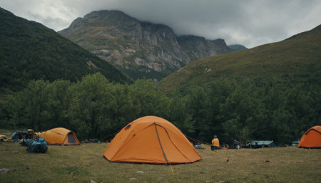 Camping in the mountains on a cloudy day in the summer.の素材