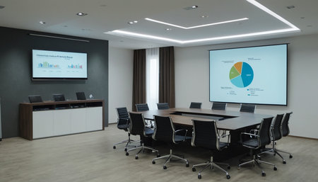 Modern conference room with whiteboard and black chairs, 3d renderの素材