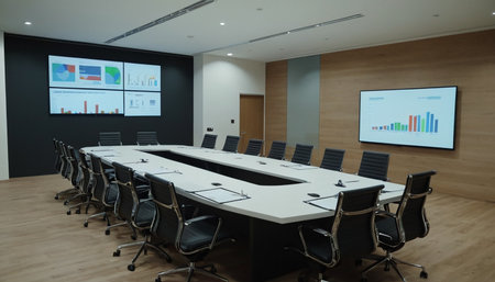 Meeting room in modern conference room with whiteboard and black chairsの素材