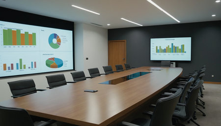 Conference room with tables and chairs, stock market graphs on the wallの素材