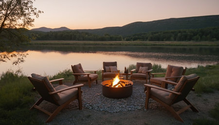 Camping on the bank of a mountain lake in the evening.の素材