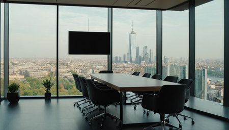 Modern meeting room with panoramic view of the skyscrapers of the cityの素材