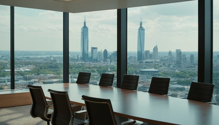 Modern conference room with panoramic view of the skyscrapersの素材