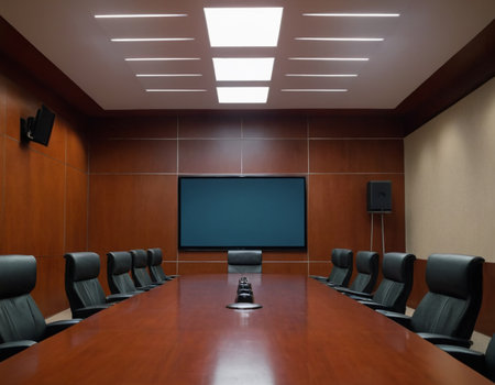 Interior of a conference room with black chairs and a tv screenの素材