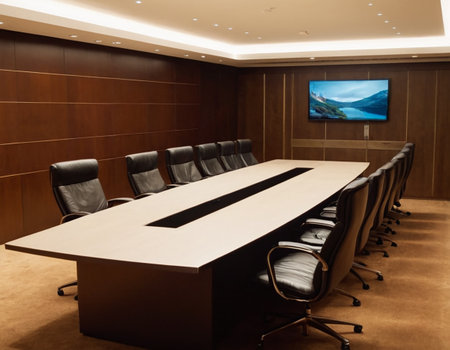 Interior of a modern conference room with wooden walls and black chairsの素材