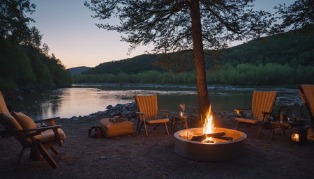 Camping on the bank of a mountain river in the evening.の素材
