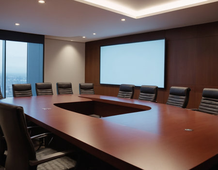 Interior of a modern conference room, meeting room and city viewの素材