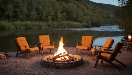 Camping on the bank of a mountain river in the evening.の素材