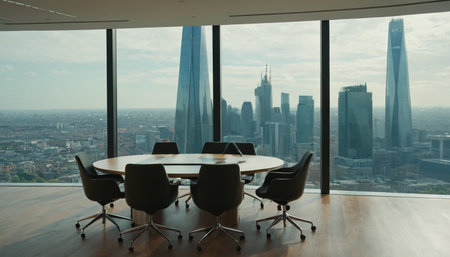 Interior of a modern office with a panoramic city viewの素材