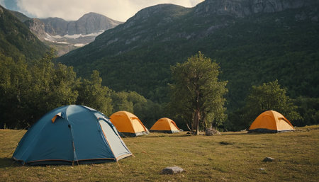 Camping in the mountains. Camping tent in the mountains.の素材