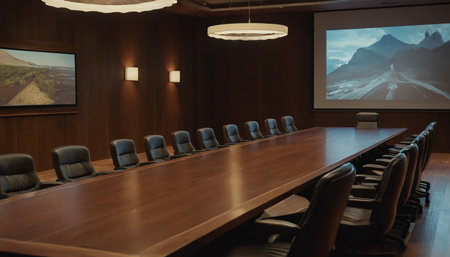 Interior of a modern conference room with a wooden table and chairsの素材