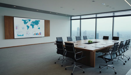 Modern conference room interior with panoramic city view. 3D Renderingの素材