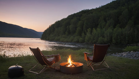Camping on the shore of a mountain river at sunset. Camping on the bank of the river.の素材