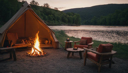 Camping on the bank of a mountain river in the evening.の素材