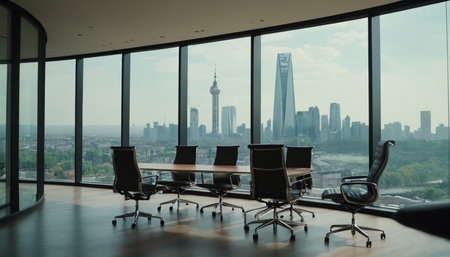Business meeting room with panoramic skyline in Shanghai,China.の素材