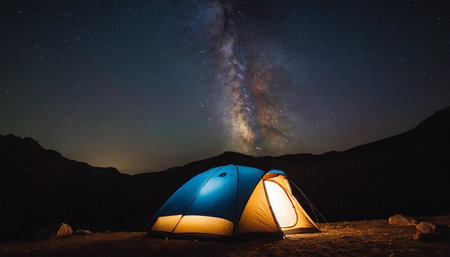 Tourist tent in the mountains under the starry sky with milky wayの素材