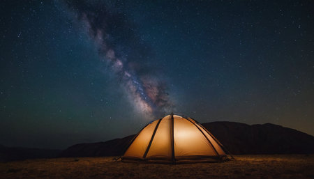 Camping tent at night with starry sky and milky wayの素材