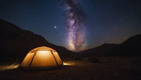 Tourist tent in the desert with milky way and starry skyの素材