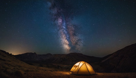 Tourist tent under starry night sky with milky way.の素材