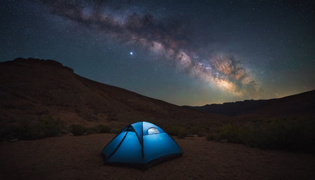 Tourist tent in the desert under starry night sky with milky wayの素材