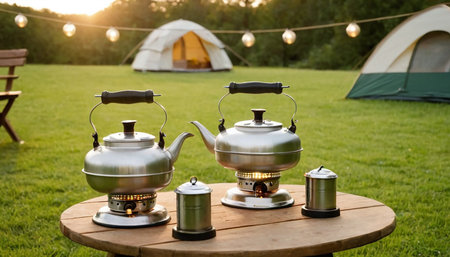 Camping tea set on wooden table in front of tent at sunsetの素材
