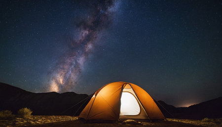 Tourist tent in the desert at night with milky way and starsの素材
