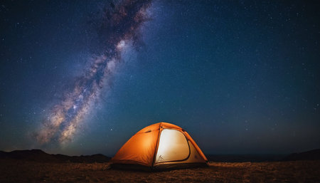 Camping tent in the night starry sky with milky wayの素材