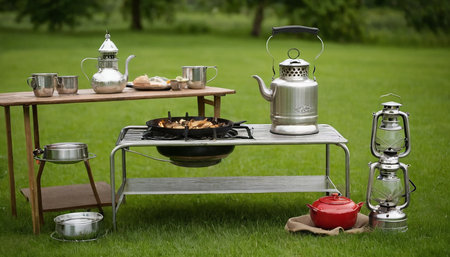 Picnic set on the grass in the garden with kettle and pansの素材