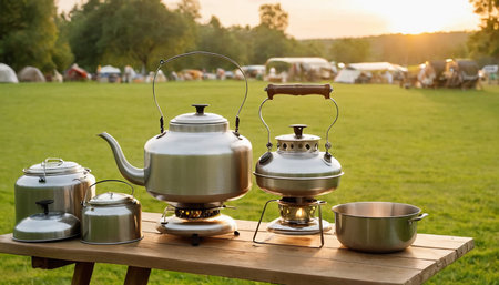 Tea set on a picnic table in front of a camper vanの素材