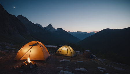 Camping in the mountains at sunset. Beautiful view of the mountains.の素材