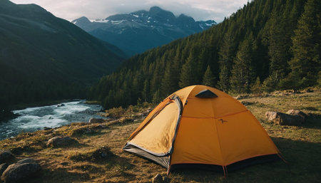 Camping in the mountains with a tent on a background of mountainsの素材