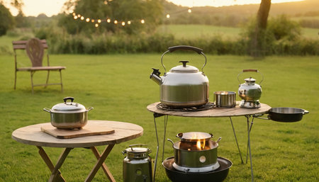 Kettle and pans on a wooden table in the garden at sunsetの素材
