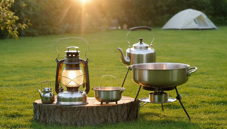 Set of camping equipment on the green grass with a tent in the backgroundの素材