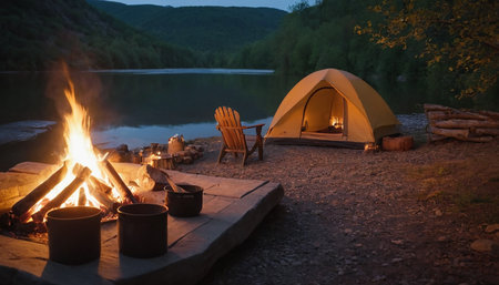 Camping on the shore of a mountain lake in the evening.の素材